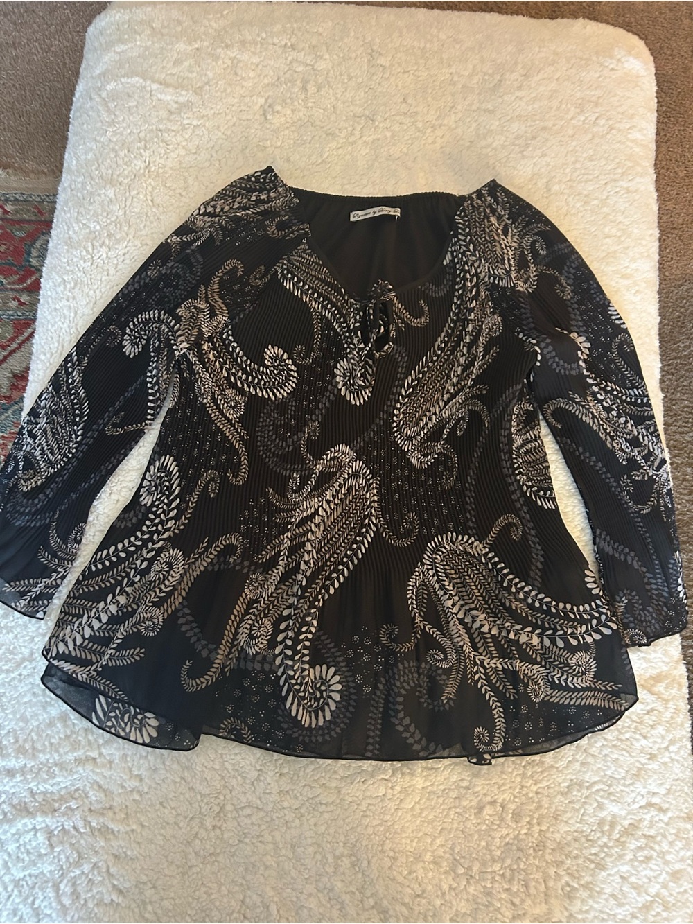 Signature by Larry Levine Black Paisley Tie-Neck Blouse